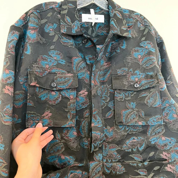 Soulland Black Floral Collared Bohemian Festival Style Button Down Canvas Jacket - Picture 5 of 12
